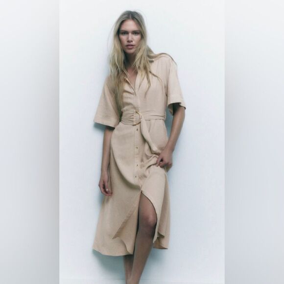 Zara Linen Blend Shirt Dress New - Picture 6 of 8